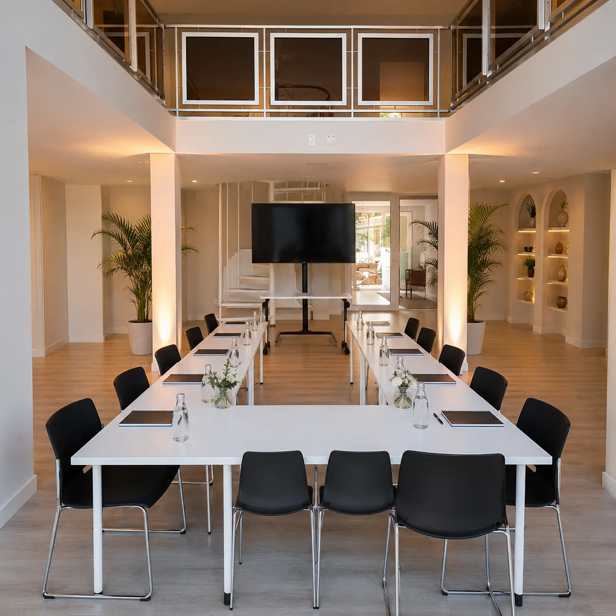 Sala de reunião com mesas em U, TV e mezanino ao fundo